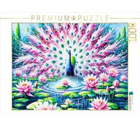 CALVENDO Puzzle Paon Abstrait sur l'étang avec des nénuphars en Peinture à l'huile colorée | 1000 pièces Taille de la Ponte 64 x 48 cm Puzzle Photo pour des Heures heureuses