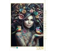 CALVENDO Puzzle Portrait d'une Femme avec Accessoires de Cheveux organiques Gris colorés et Oiseaux de Paradis sur la Main | 1000 pièces de Taille 48 x 64 cm Puzzle Photo pour des Heures heureuses