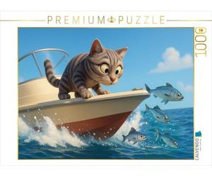 CALVENDO Puzzle se rapproche d'un Petit Morceau - Chat de Dessin animé en Train de pêcher | 1000 pièces - Taille de la Ponte 64 x 48 cm - Puzzle Photo pour des Heures heureuses