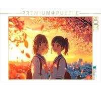 CALVENDO Puzzle Shoujo Anime au Coucher du Soleil - Copines en Uniforme Scolaire sous des Fleurs de Cerisier | 1000 pièces de Taille de Pose 64 x 48 cm Puzzle Photo pour des Heures heureuses