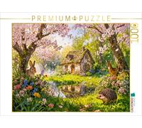 CALVENDO Puzzle Spring cottage with cherry blossoms and garden pond | 1000 piece