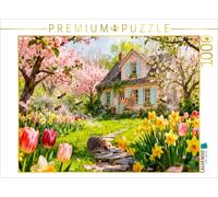 CALVENDO Puzzle Spring cottage with hedgehog and cherry trees in bloom | 1000 pi