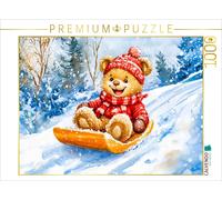 CALVENDO Puzzle Teddy rodelt mit Schlitten im Winter | 1000 Teile Lege-Größe 64