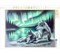 CALVENDO Puzzle Two wolves on the lakeshore Charcoal drawings with northern ligh