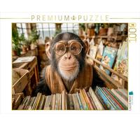 CALVENDO Puzzle Un Chimpanzé avec des Lunettes et Un Gilet Debout derrière Une bibliothèque dans Une Petite librairie Confortable | 1000 pièces de Taille 64 x 48 cm Puzzle Photo pour des Heures