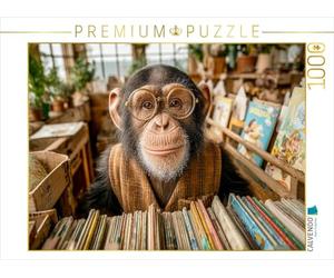 CALVENDO Puzzle Un Chimpanzé avec des Lunettes et Un Gilet Debout derrière Une bibliothèque dans Une Petite librairie Confortable | 1000 pièces de Taille 64 x 48 cm Puzzle Photo pour des Heures
