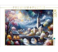 CALVENDO Puzzle Vieille église de Village Le Soir, avec rivière et Pont en Pierre. Taille de la Pose - Puzzle Photo pour des Heures heureuses
