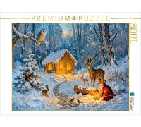 CALVENDO Puzzle Winter-Cottage im Wald mit Eule, Hase, Hirsch, Fuchs | 1000 Teil