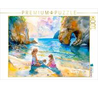 Puzzle · Deux Filles avec Un Chien au Felsentor | Aquarelle avec des enfants au bord de la mer ensoleillée · 1000 pièces · Format assemblé 64 × 48 cm · CALVENDO Puzzle