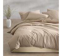 Calvin Klein - Parure de lit Moderne en Percale de Coton lavé avec Housse de Couette et taies Assorties - décoration d'intérieur Confortable certifiée Oeko-Tex (Marron Camel, pour lit Queen Size)