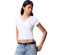Calvin Klein T-Shirt Manches Courtes Femme Woven Label Rib Tee Col en V, Blanc (Brilliant White), L