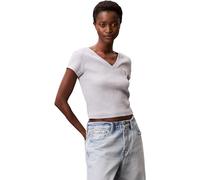 Calvin Klein T-Shirt Manches Courtes Femme Woven Label Rib Tee Col en V, Gris (Bc06 Grey Heather), S