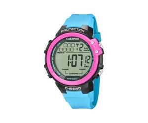 Calypso Montre Digitale Homme - Caoutchouc Bleu - Étanche 10 ATM - Date et Calendrier, Chronographe, Double Fuseau Horaire, Lumière, Alarme, 12/24 Heures - K5817/1 Color Splash