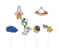 CAM ET LEON - Accessoires Décoration d’Anniversaire Enfant - Thème Espace - Assiettes, Serviettes, Confettis, Sachets, Cartes d’Invitation, Ballons (Pique à gâteau x6)