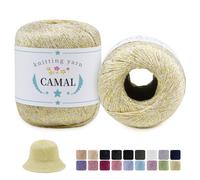 CAMAL 2 Pièces Fil Coton pour Crochet, 100m x 2 Fil de Coton Métallisé pour Tricot, 1,5mm Luxe Fil Scintillant pour Vêtements, Sac, Chapeaux, Châles, Projets DIY Brillants (Beige jaune)