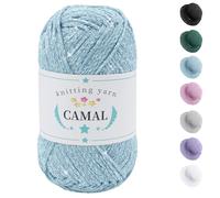 CAMAL Métallique Fil Coton pour Crochet 100g / 140m Fil De Coton Pailleté Doux Scintillant Coton a Crocheter, Fil à Tricoter pour Sac, Artisanat, Décoration Intérieure (Bleu lac argenté)