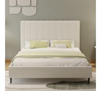 CONCEPT USINE | Lit 140x190 cm Tissu Bouclette Beige Cambridge | Tête de Lit Capitonnée Lignes Verticales | Sommier à Lattes Inclus | Style Cocooning & Moderne | Pieds Noirs Élancés | Confort Design