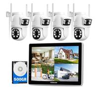 CAMCAMP 4MP PTZ Kit Caméra Surveillance WiFi Extérieure avec 10" Moniteur, 2.4G/5G WiFi 10CH NVR,500GB HDD,4X 2K Double Objectif Caméras,Vision Nocturne Couleur,Humaine Suivi Automatique,2-voies Audio