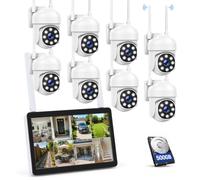 Camcamp Kit 8X Caméra Surveillance WiFi Extérieure avec 10" Moniteur, 500GB | 355° Vision Nocturne Couleur, Audio Bidirectionnel, Suivi Automatique, Détection Humaine, Enregistrements 24/7, IP66