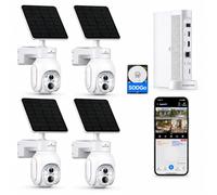 Camcamp Lot de 4 caméras de surveillance extérieures solaires avec NVR | Inclinaison à 355°, vision nocturne couleur 4 MP 20 m, NVR 500 Go sans abonnement, sirène et phare, interphone, IP66, Alexa