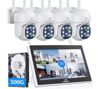 CAMCAMP PTZ Kit Caméra de Surveillance WiFi avec 10" Moniteur, 10CH NVR Kit avec 4X2K Caméra WiFi Exterieure Double-Objectif, 500 Go HDD, Vision Nocturne Couleur,Détection Humaine,Audio Bidirectionnel