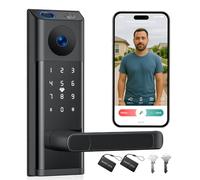 CAMCAMP Serrure intelligente WiFi vidéo avec caméra et sonnette, serrure de porte d'entrée sans clé avec poignée pour porte d'entrée, cinq façons de déverrouiller les empreintes digitales