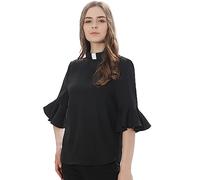 CAMDOM Chemise de prêtre pour Femmes Église 3/4 Tops à Manches évasées à Volants Chemisier de prêtre d'église à Queue Ronde avec col à Pattes