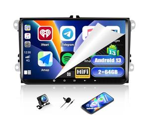 CAMECHO Autoradio sans Fil Android 13 2+64 Go Carplay avec Navi pour VW Passat B6 B7 Golf 5 6 Jetta T5 Polo Touran Caddy Sharan Seat Autoradio 9" Double Din avec Bluetooth WiFi FM Caméra de recul