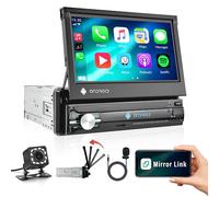 CAMECHO Poste Radio Voiture Carplay 1 Din avec 7 Pouces Ecran Retractable, Poste Radio Voiture Bluetooth Soporte Mirror Link GPS WiFi FM/RDS AUX Caméra de Recul & MIC