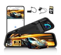 CAMECHO Rétroviseur 9,66 Pouces 2K Miroir Dash CAM Voiture avec 2 Caméras 1080P, Avant 150° et Arrière Dashcam 120° avec Ligne Inversée, Vision Nocturne, Capteur G, Carte 64 Go WiFi APP