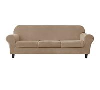 Camel Lot de 4 housses de canapé en velours extensible pour canapé 3 places avec housses de coussin séparées, collection de protection des meubles, motif divisé