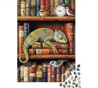 Caméléon sur étagère de Livres Puzzle 1000 Pièces Papier pour Adultes Scène de bibliothèque Coffret Puzzle 1000 Pièces Détente Décoration Maison Cadeau 52x38cm/1000pcs