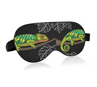 Caméléon vert brodé sur les feuilles du tronc sur les masques pour les yeux noirs Blocs de couverture Masque de sommeil léger Couverture d'ombre Bandeau pour les yeux relaxant avec sangle de tête régl