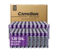 Camelion Lot de 120 piles ultra alcalines AA - Piles AAA - Durée de vie de 10 ans - Respectueuses de l'environnement - Piles AA - Piles d'appareils photo numériques - Éclairage de Noël (60 x AA/60 x