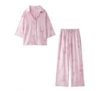 Camellia Nouvelle Collection Printemps/Été Grande Taille Chemise Ample Col Revers Manches Mi-Longues Tie-Dye Série Robuste Pantalon Jacquard Pantalon Décontracté Rose L,M,S,XSUnicoloreTissu tissé