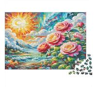 Camellia Papier Premium Roses Rouges avec Soleil sur l’Eau Puzzle à Monter soi-même Jeu Familial Amusant 70x50cm/1000 pièces