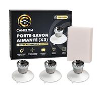 CAMELOM Lot de 3 Porte Savon Aimanté avec Ventouse - Porte Savon Ventouse puissante - Porte Savon magnétique - Aimant Savon Solide Acier Inoxydable - Savon Naturel Noix de Coco 100g Inclus