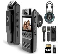 Caméra corporelle avec Enregistrement Audio et vidéo, 64 Go 1080p HD Police Caméra de Police pour Les caméras de Voyage en Plein air, avec Clip magnétique, enregistreur de Batterie 6HR (Noir)