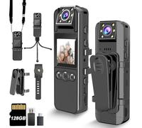 Caméra corporelle avec Enregistrement Audio et vidéo, caméra corporelle HD 1080P avec Objectif Rotatif à 180°, Batterie 6HR, Vision Nocturne Automatique IR, caméscope usé par Le Corps 128