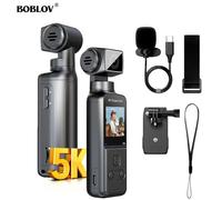 Caméra corporelle BOBLOV 5K avec microphone W5, caméra de vlogging 270 ° Mini caméra embarquée à objectif rotatif avec support de micro externe et stabilisation EIS 64GB Camera