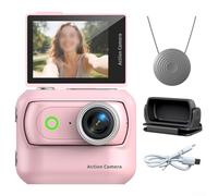 Caméra d'action panoramique compacte avec écran de 2,0", anti-secousses, connectivité WiFi et support magnétique pour vélo et aventures en plein air, blanc (rose)