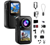 Caméra de moto, caméra d'action HD 5K avec double écran, stabilisation d'image et carte mémoire, caméra de sport étanche 24 MP pour moto, cyclisme, plongée, pêche et voyage (1080p, 64 Go)