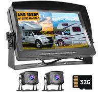 Caméra de recul avec 9''Écran d'enregistrement 1080P, Carte SD 32G, Affichage de la Caméra de recul, 2 Écrans Divisés, Vision Nocturne, Etanche IP69, Camera de recul pour Camion RV Campers Van