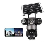 Caméra de sécurité solaire 4K sans fil, 360° PTZ à trois objectifs avec stockage cloud, caméra de surveillance WiFi pour surveillance extérieure (Noir)