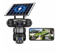 Caméra de sécurité solaire sans fil 4K avec PTZ 355° Pan 90° Inclinaison à 90°, triple objectif 4 mm, 2560 x 1440p, couleur et système de vidéosurveillance extérieur résistant aux intempéries IP66