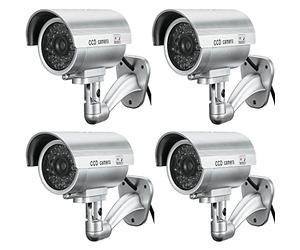 Caméra factice BW CCTV 4 x faux appareil photo factice de sécurité Caméra factice de surveillance CCTV pour une utilisation en extérieur avec clignotant LED Light Bullet Shape - Argent
