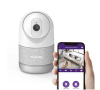PHILIPS WelcomeEye Look, Caméra WiFi Intérieure 2K, Motorisée 360°, Cache Physique de Confidentialité, Audio Bidirectionnel, Autotracking, Alexa Google Home, Slot MicroSD 128Go, Blanc