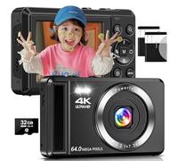 Caméra numérique 4K 64 MP AF Compact Camara avec zoom numérique 16x, avec carte TF de 32 Go, 2 batteries rechargeables de 1200 mAh, écran de 2,4 pouces, mini caméras pour enfants débutants