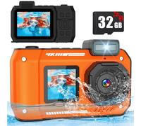 Camera sous-Marine 33FT/10M 4K 48MP Caméra étanche avec Carte 32 Go Double écran Robuste Anti-poussière Antichoc Autofocus Selfie Caméra numérique pour plongée en apnée Sport Voyage (Orange)