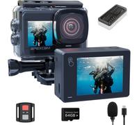 Caméra Sport 4K 60Fps,Action Cam Wifi Avec Double Écran Et Micro Sd 64Gb,Stabilisation Eis Étanche 40M Avec 2 Batteries 1350Mah,Kit D¿Accessoires Et Télécommande 2.4G